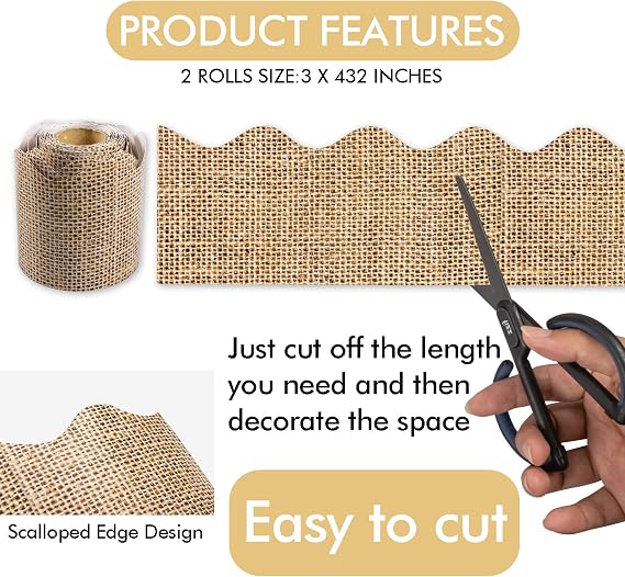 VABAMNA Burlap Bulletin Board Borders, Bulletin Board Decorations, 72Ft Burlap Scalloped Rolled Border Trim for Teacher School Supplies Back to School Classroom Decorations, 2 Rolls