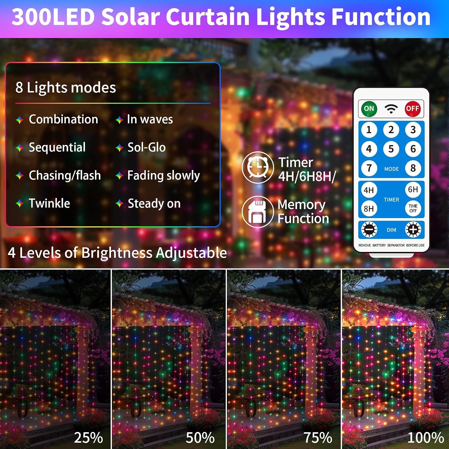 Solar Curtain Lights Outdoor 10 x 10Ft 300LED Waterproof Waterfall Light with 8 Modes Remote USB Rechargeable Dimmable Timer Twinkle Fairy String Lights for Outdoor Christmas Gazebo Wedding Pergola