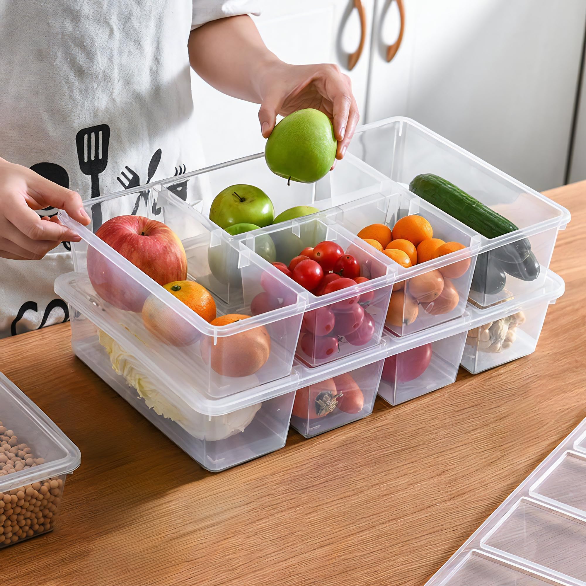 MANO 2 Pack Divided Veggie Tray with Lid - 5 Compartment Clear Snack Containers for Fridge, Stackable Produce Saver Storage for Fruits, Vegetables, Meat & Fish