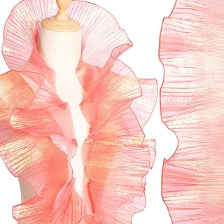 Hzopcw 5 Yards Ruffle Lace Trims, Organza Ruffled Lace Fabric, Pleated Ribbon Sewing Decoration for Bridal Wedding Dresses Bouquets Clothing Hair Accessories Flower Packages DIY Crafts- Red
