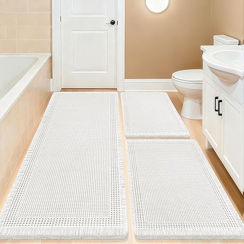 Miniatura 62 de Tapete de baño de punto gofre, moderno, tejido bohemio, absorbente, antideslizante, ultrasuave, lavable a máquina, con borlas, para baño