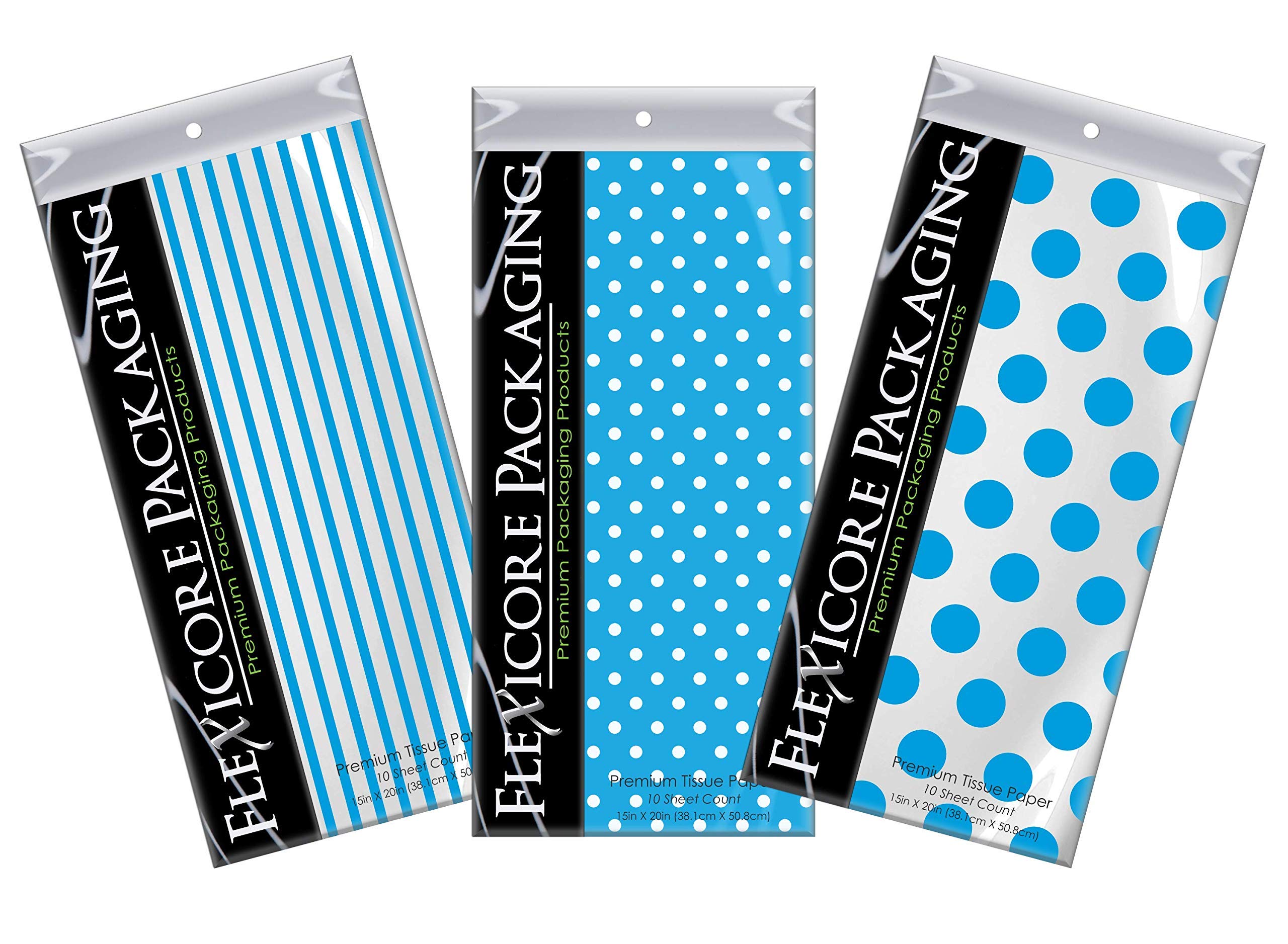 Flexicore Packaging | Pin Stripe & Polka Dot Gift Wrap Tissue Paper | Size: 15 Inch X 20 Inch | Count: 30 Sheets | Color: Turquoise | DIY Craft, Art, Wrapping, Decorations