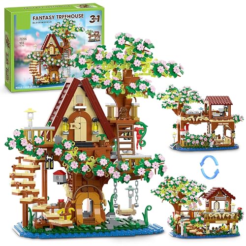 Vziimo 3 in 1 Cherry Blossom Treehouse Building Set, Ideas Flower Tree House Set for Adults, Collectible Creative Sakura Garden Toys Gifts for Kids 12+ (995 PCS) - 3in1 Cherry Treehouse Set