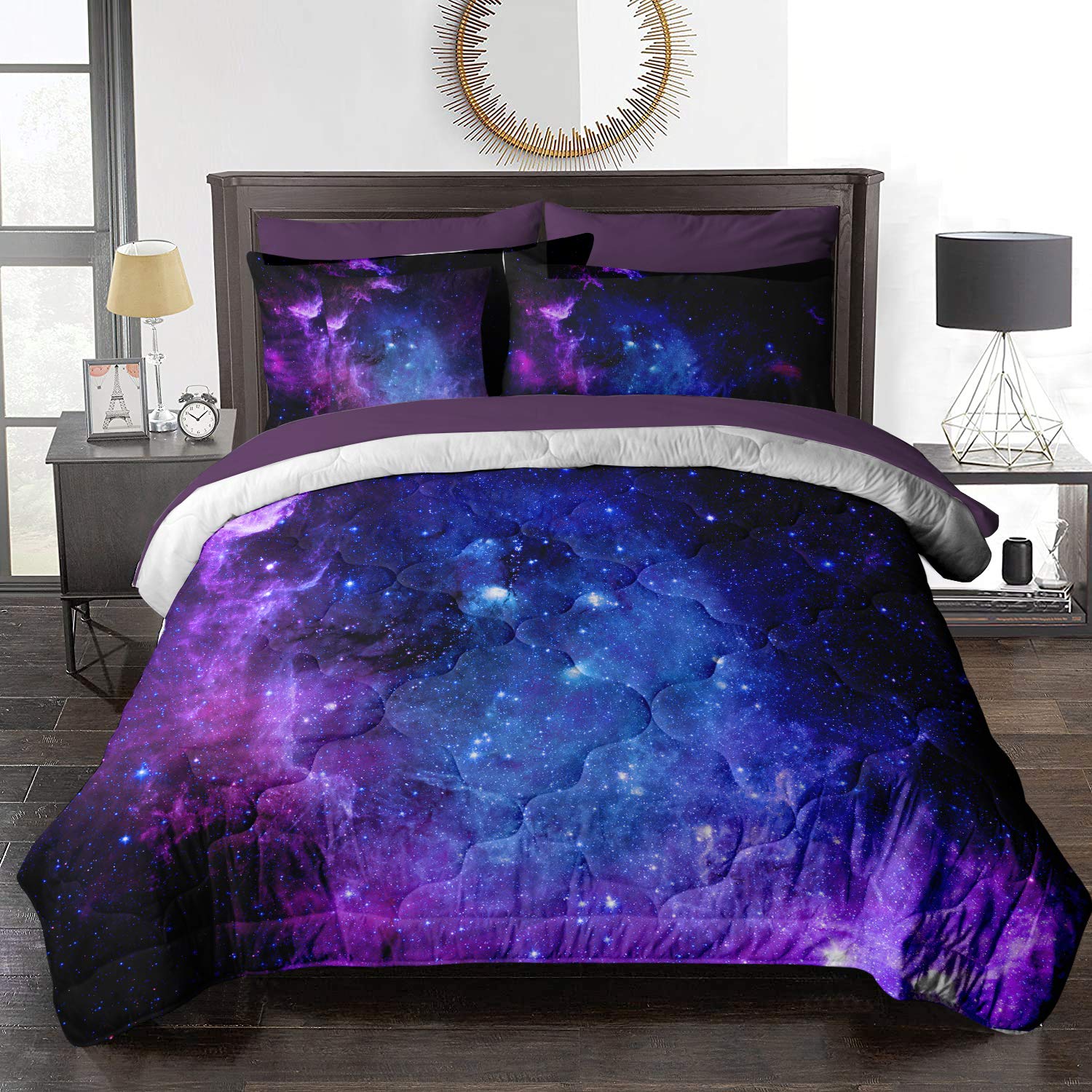 BlessLiving 8-Piece Galaxy Comforter for King Bed Boys Comforter Set Bed in A Bag Purple Blue - 1 Reversible Comforter, 2 Pillow Shams, 1 Flat Sheet, 1 Fitted Sheet, 1 Cushion Cover, 2 Pillowcases