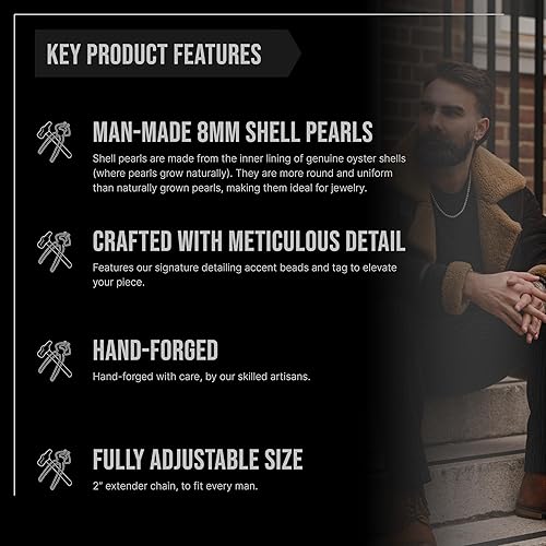 Miniatura 3 de Forge & Foundry Men's Shell Pearl (Man-Made) Necklace with Polished Stainless Steel or 18k Gold-Plated Stainless Steel Artist-Designed Custom Beads