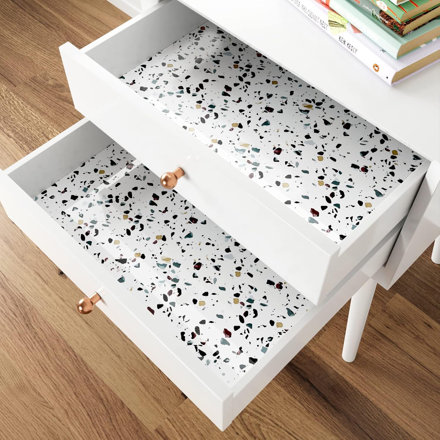 Stickyart 24"x160" Glossy White Terrazzo Contact Paper Self Adhesive Marble Contact Paper for Kitchen Countertops Waterproof Removable Granite Contact Paper Marble Pattern Wallpaper for Bathroom Wall