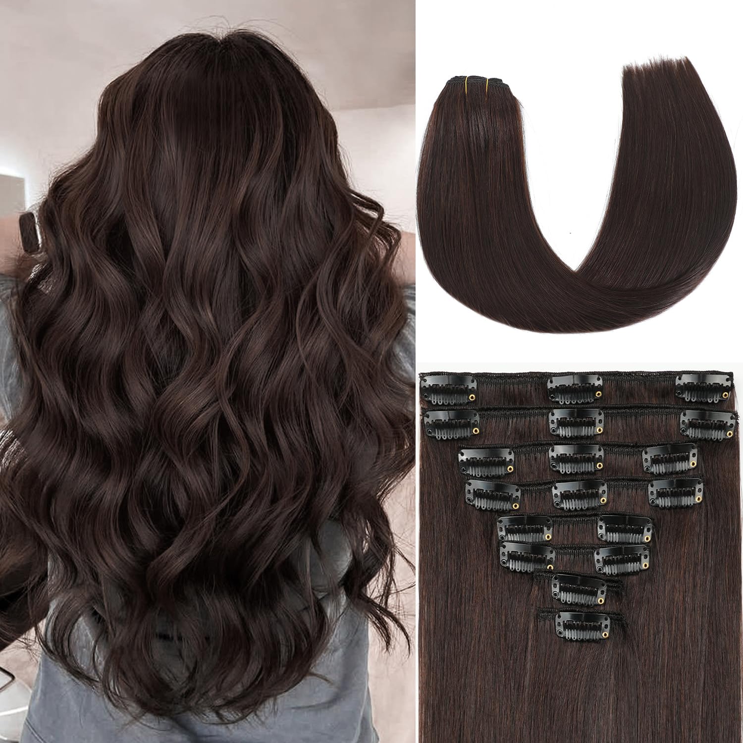 Dark Brown Clip in Hair Extensions Real Human Hair Invisible Seamless Remy Human Hair Clip in Extensions for Women 18 Inch 100g, 8pcs Per Set with Double Weft