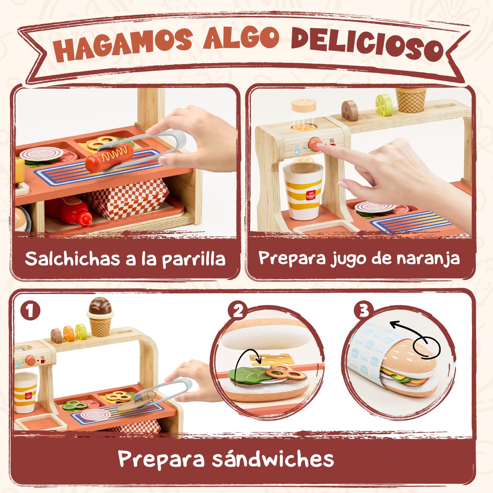 Lehoo Castle Cocinita Infantil, Cocina Juguete de Madera, Juego de Comida de Hamburguesa, Accesorios Cocina Juguetes, Juguetes Educativos para Niños 3 4 5 6 Niños y Niñas