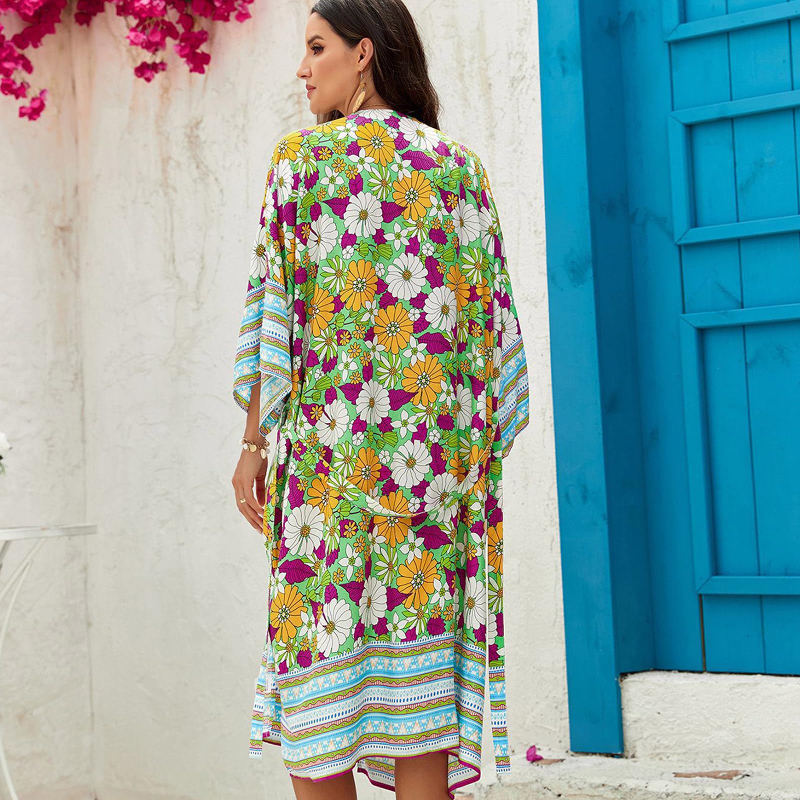 Cárdigan de playa para mujer con banda en la cintura, kimono largo de flores, frente abierto, cárdigan de playa