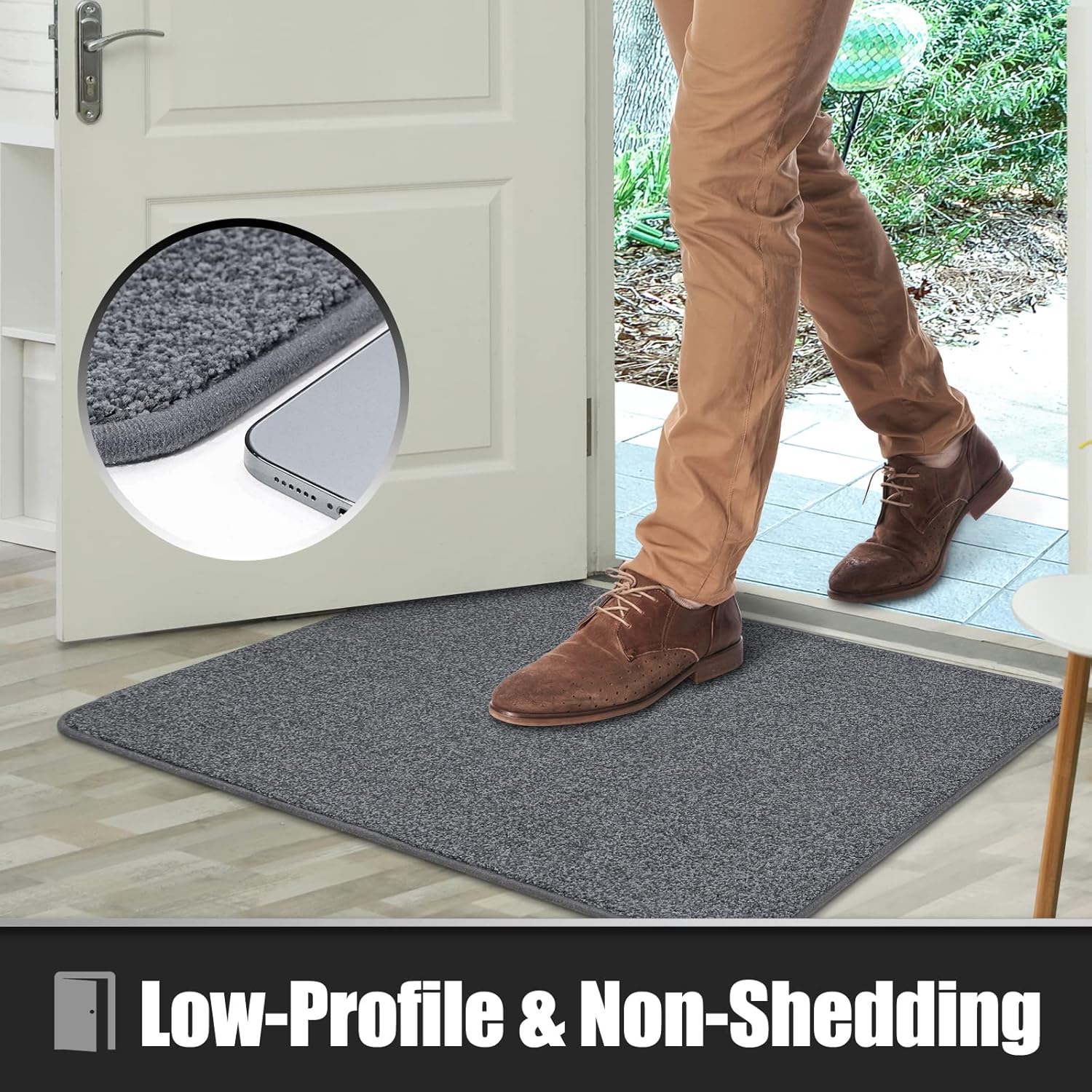 TREETONE Non-Slip Front Back Door Mat, 24" x 35" Absorbent Shoe Scraper Dirt Trapper, Low-Profile Floor Mats, Washable High Traffic Area Doormat for Entrance, Patio, Laundry, Gray