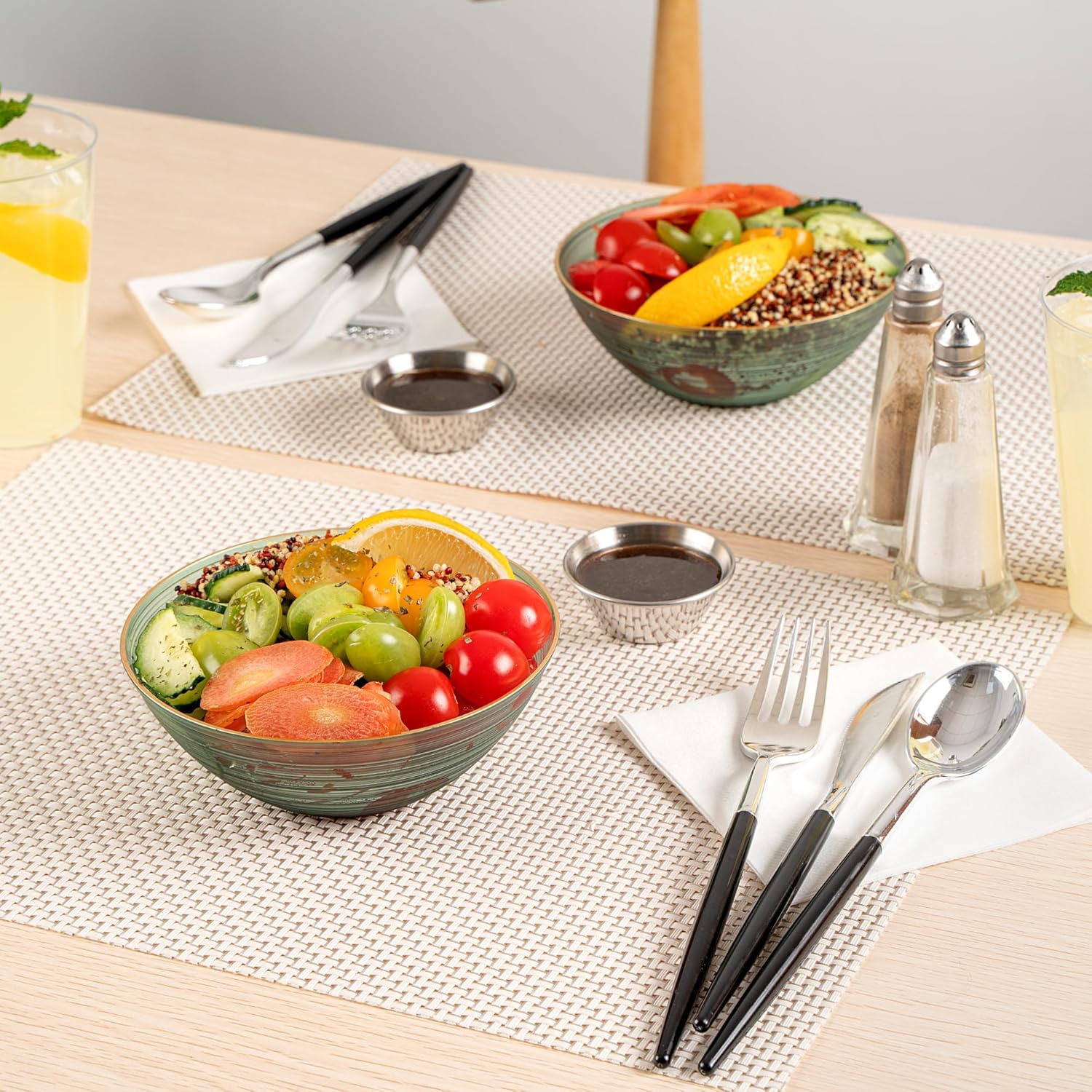 Restaurantware Plastic Bowls 100 Pcs 16 oz Gold Rimmed Disposable Soup Bowls Heavy-Duty Green Translucent Rippled Dinnerware Containers for Party, Desserts, Salads, Snacks, and Catering