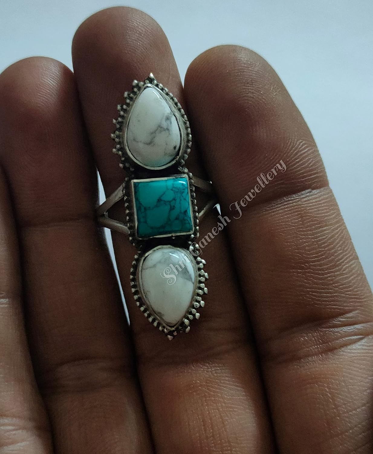 White Howlite Ring, Sterling Silver Ring, Antique Ring, Long Ring, Bohemian Ring, Turquoise Howlite Ring, Promise Ring, Buffalo Ring, Bridesmaids Gift, Healing Crystal, Gypsy Ring, Vintage Style
