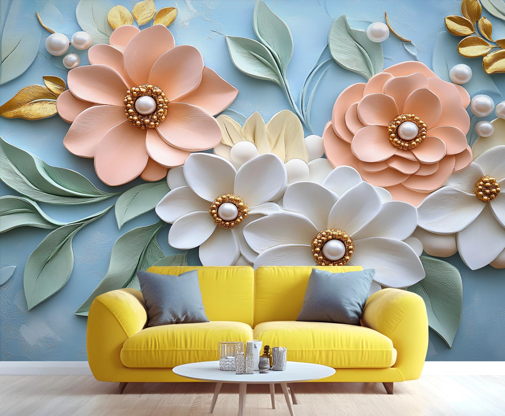 White Blooms Tapete – 3D-geformte Wandtapete – Perlen-Blumenmuster, Schlafzimmertapete für Wohnzimmer, nicht selbstklebend, hellblaue Wandbilder und Heimdekoration