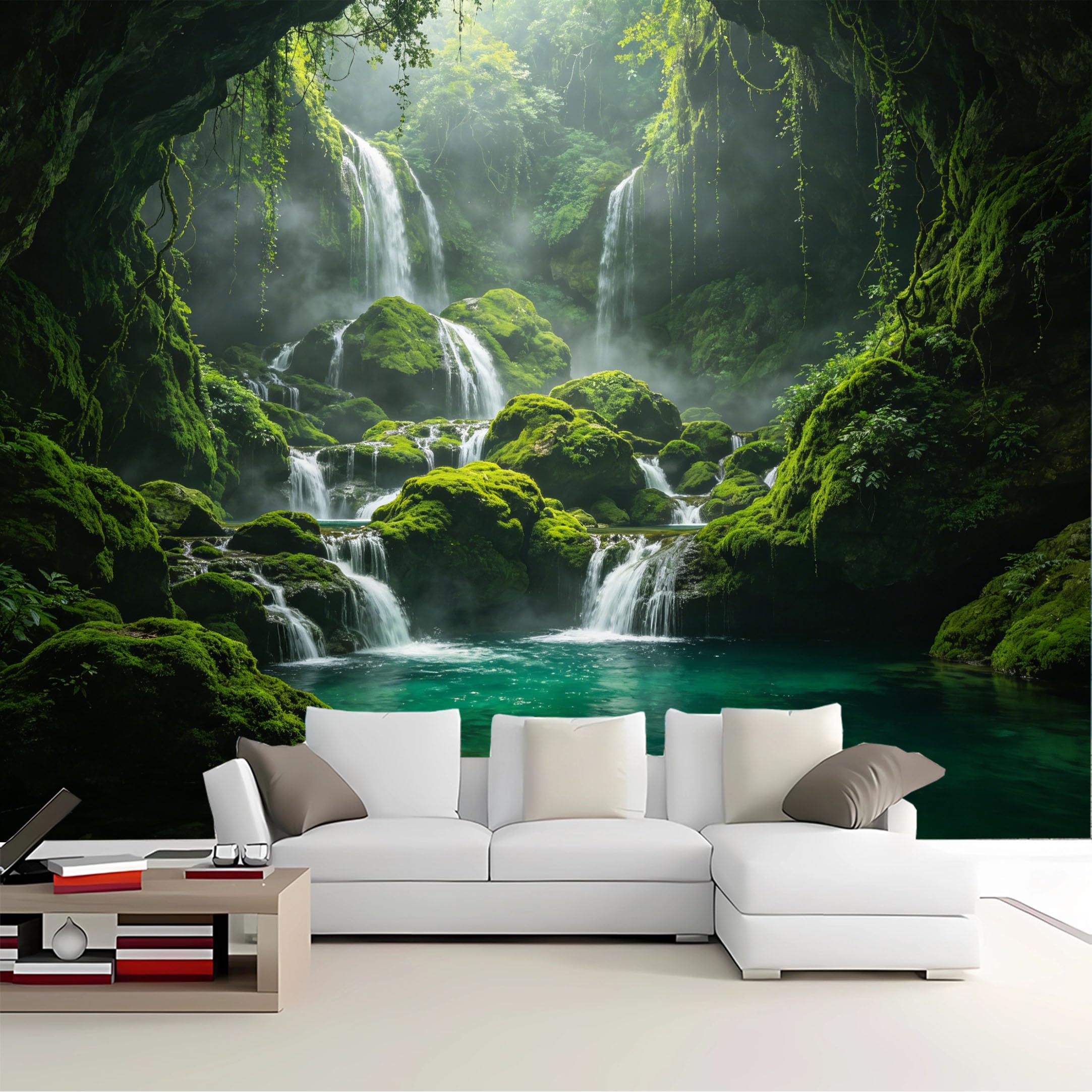 Custom Size Wall Mural Cave View Multiple Mossy Waterfalls Removable Self Adhesive Peel and Stick Wallpaper for Bedroom Living Room Dining Room