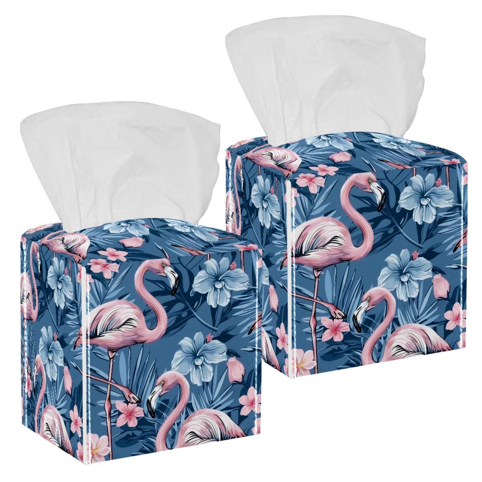 Flamingo Tissue Box Cover, 2 Pack PU Leather Square Facial Tissue Dispenser Box holder for Home Office Car