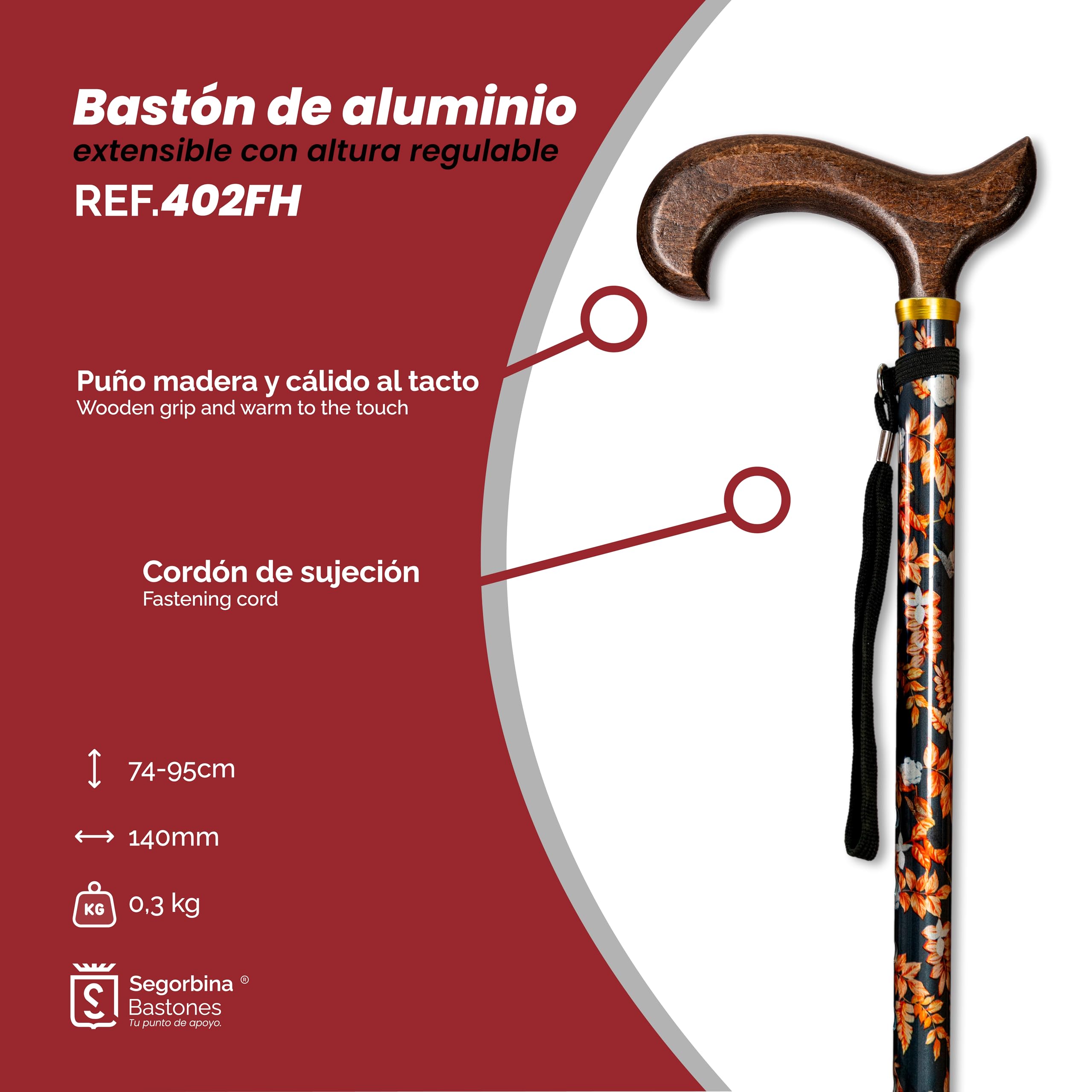 Bastón de Aluminio Extensible Regulable en Altura (74-95cm) con puño de Madera Oscuro, contera Antideslizante y Acabado Hojas otoño. Bastón muletilla para Apoyo y Ayuda a Caminar. (402FH)