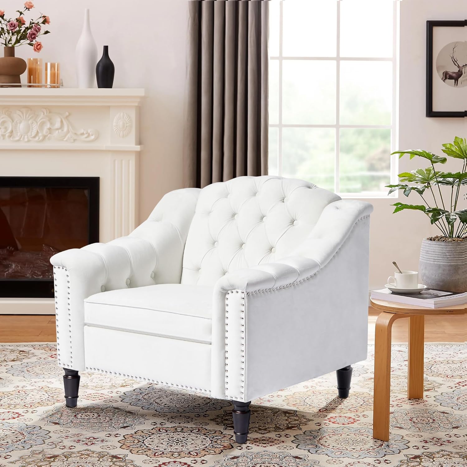AVZEAR Chesterfield Sofa Chair, Mid-Century Modern Armchair, Velvet Fabric Single Sofa Chair with Nailhead Trim and Button Tufted for Living Room, Office, Bedroom, White
