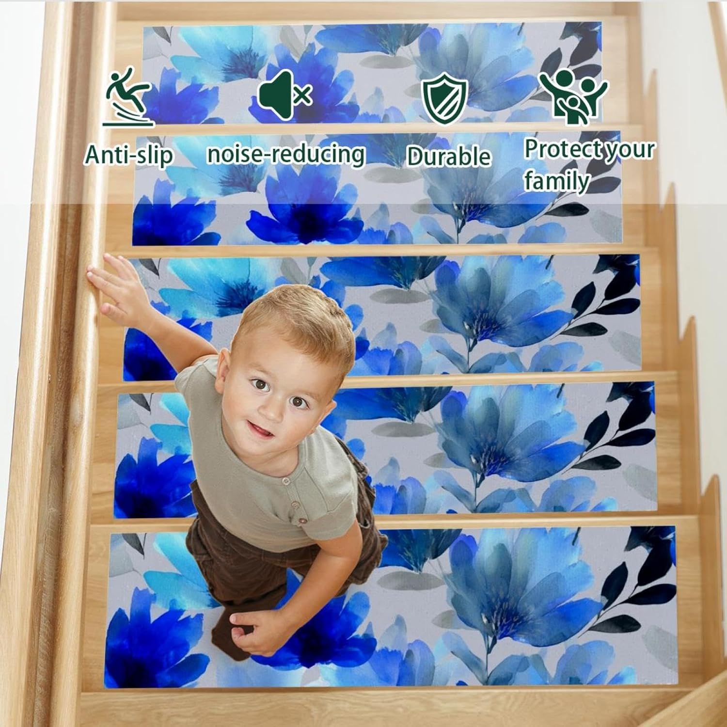 15 Pack Blue Flowers Watercolor Floral (3) Carpet Stair Treads for Wooden Steps Indoor, Slip Resistant Stair Rug Staircase Step Treads Pads for Pet, Kids and Elderly