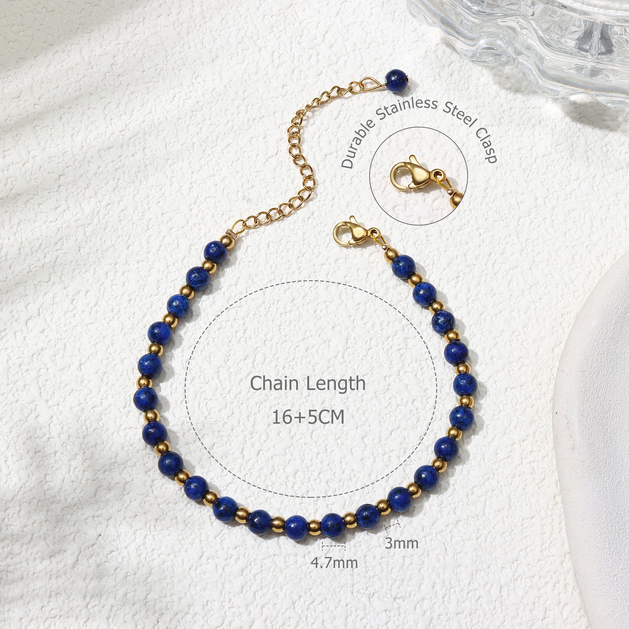 YCTTKDD Pulseras de Cuentas para Mujeres y niñas: Piedra Natural de 5 mm, Cuentas de Acero Inoxidable de 3 mm, joyería Boho de Cristal chapada en Oro Ajustable con Caja de Regalo