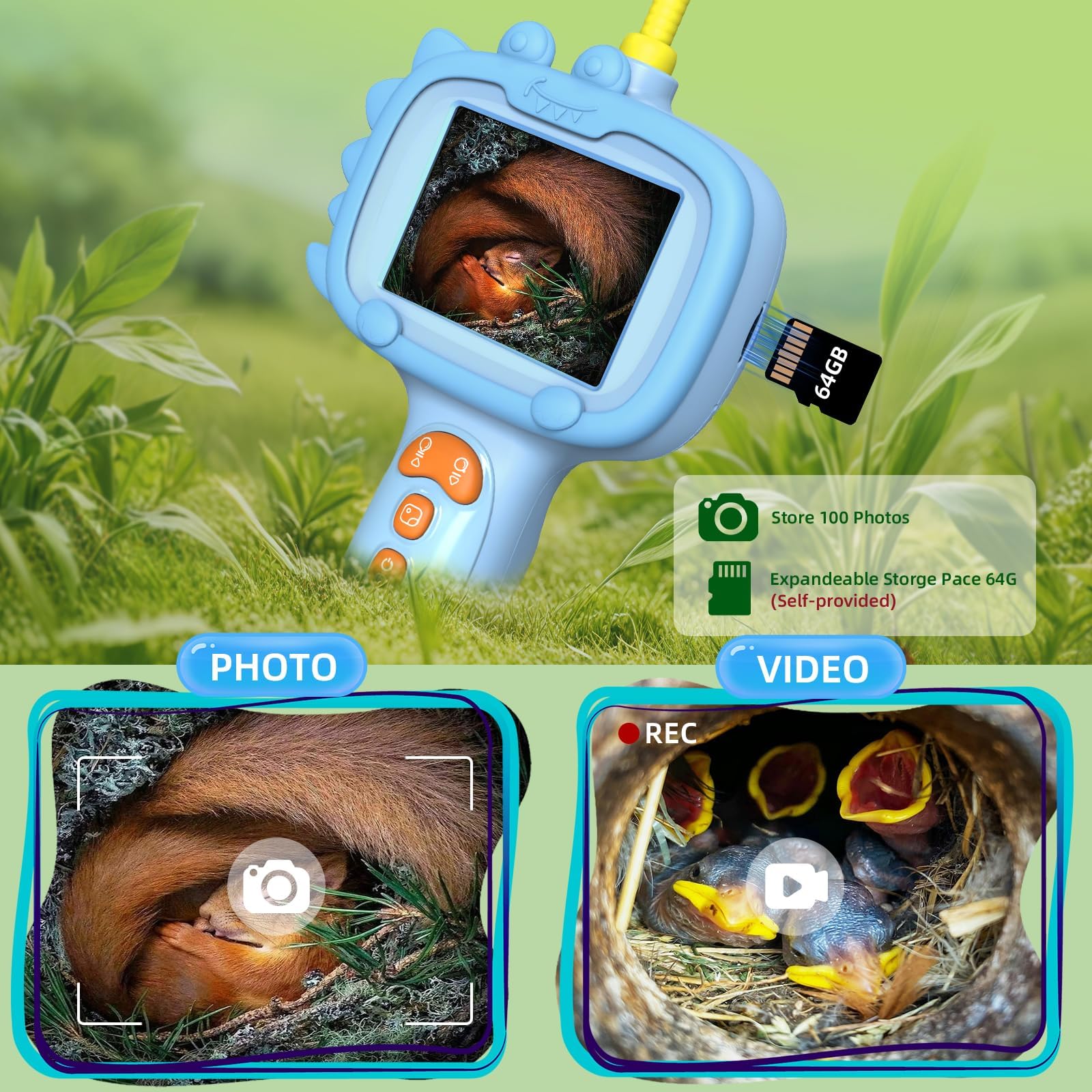 Daxiongmao Endoscopio para niños con luz, juego educativo de exploración científica, actividades naturales, cámara endoscópica con luz, cámara endoscópica, gadgets para hombres (azul)