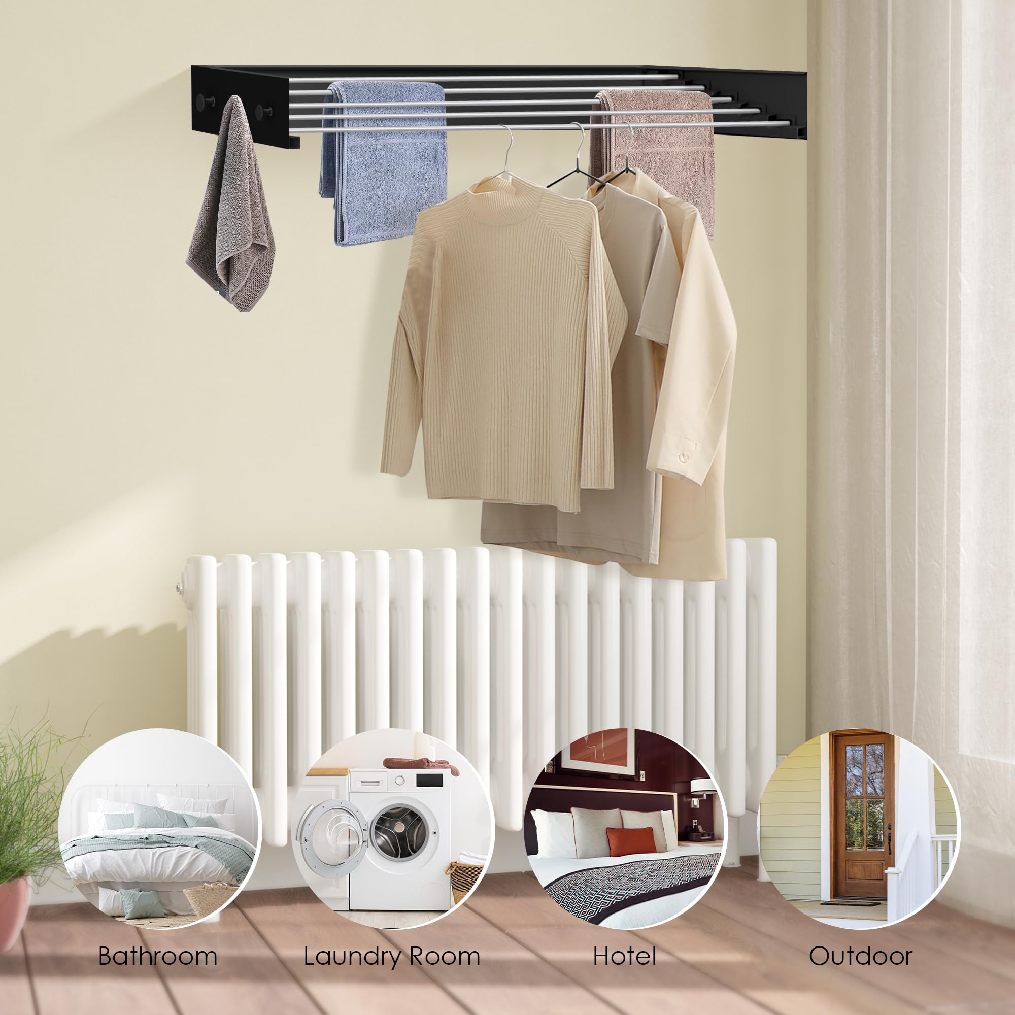 WELTRXE Wall Mounted Clothes Drying Rack, Collapsible Laundry Clothes Airer with 6 Hooks, Foldable Towel Rack - Image 3