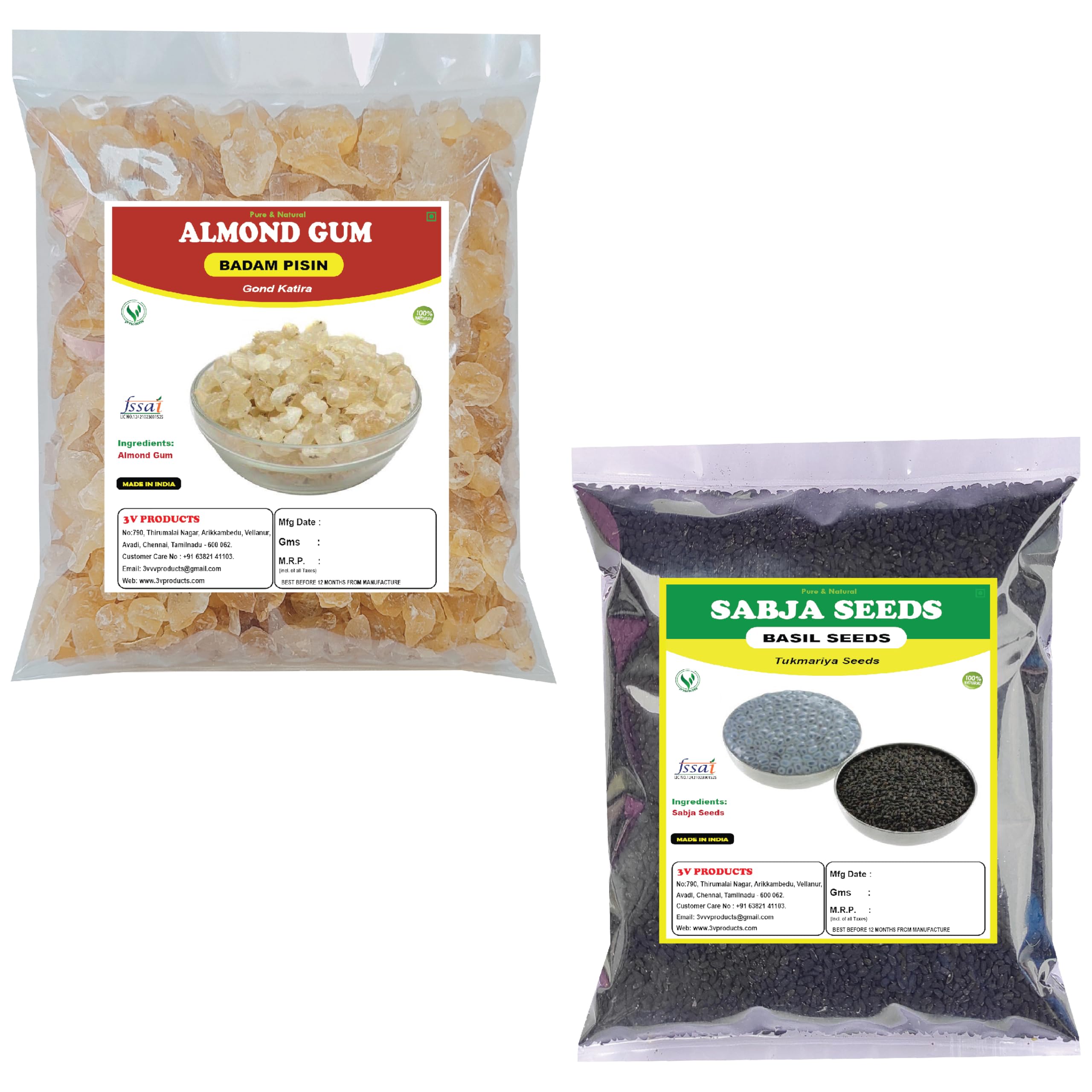3V PRODUCTS Almond Gum | Badam Pisin | Gond Katira 100g + Sabja Seeds | Basil Seeds | Tukmariya Seeds 100g for Eating (B0D11QGQ9T) Amazon Price History, Amazon Price Tracker
