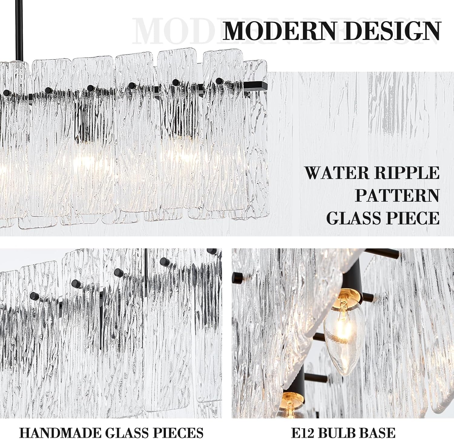 Black Rectangle Chandeliers for Dining Room 39’’ Large Rectangular Island Light Fixture Crystal Glass Water Ripple Glass Luxury Linear Pendant Ceiling Light for Kitchen Island Living Room, 6-Light
