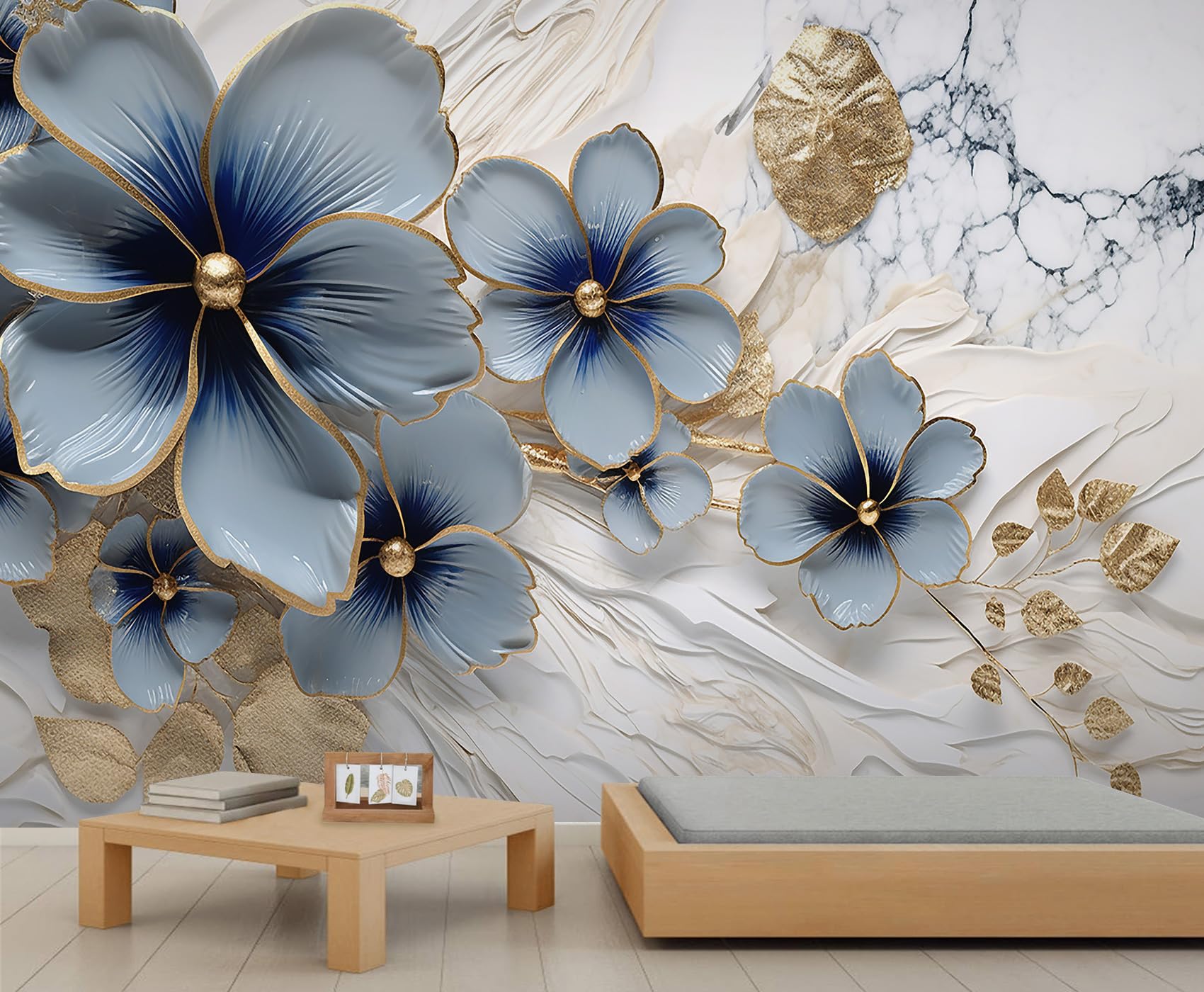 Papier peint floral 3D bleu et or pour agrandir visuellement un salon sombre