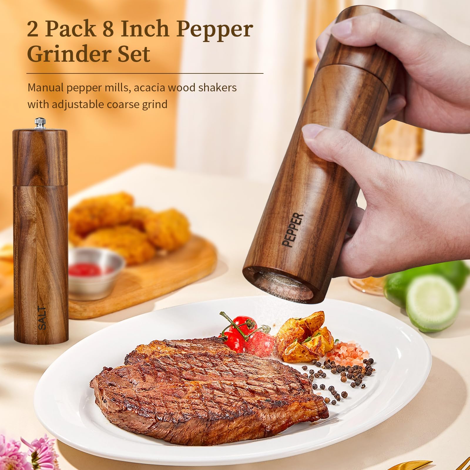 Acacia Wood & Acrylic Salt And Pepper Grinder Set - 8 Inch, Adjustable Ceramic Core, Manual Mills (2 Pack) - View #3
