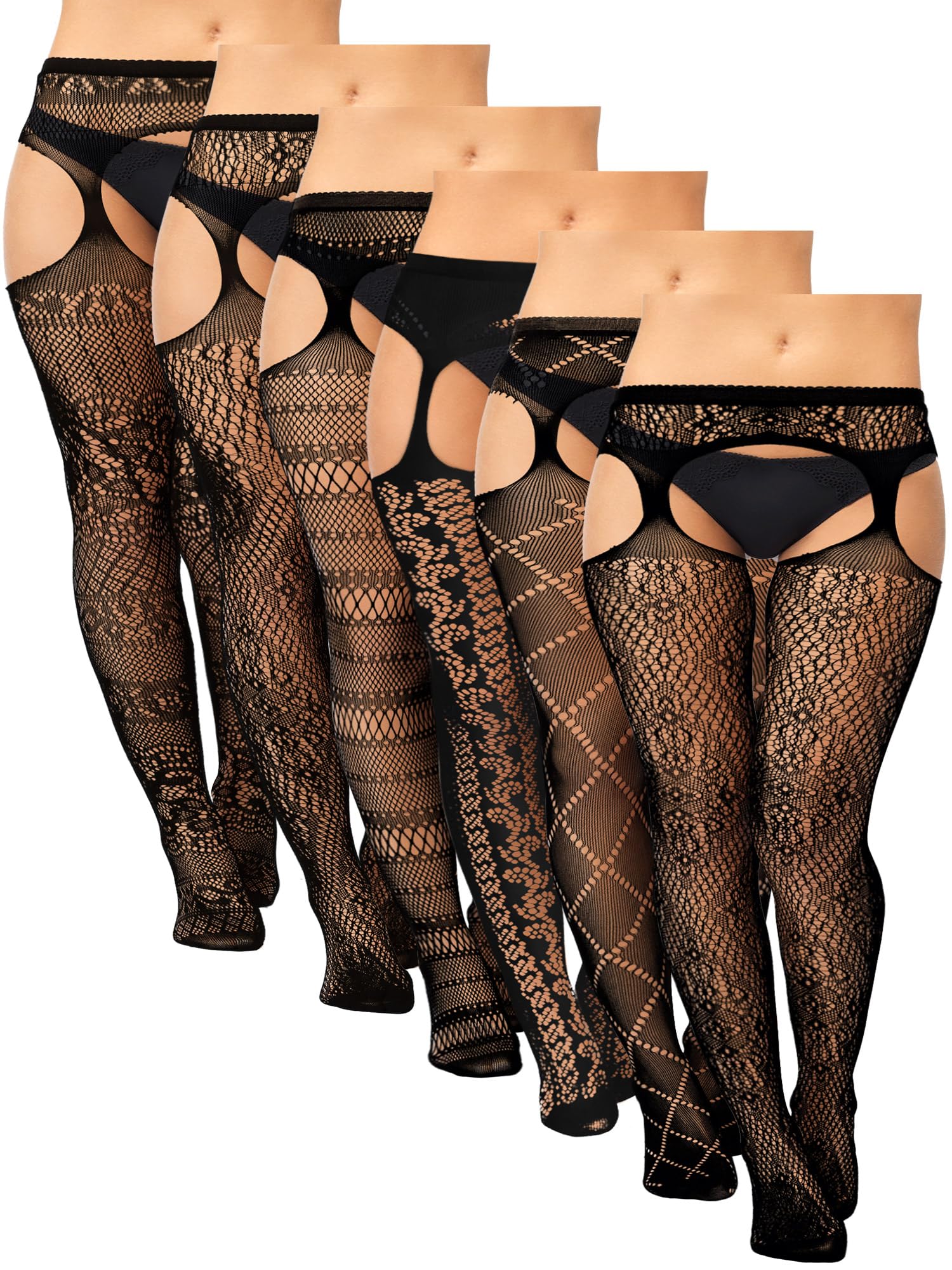 Skylety 6 Pairs Fishnet Stockings for Women Plus Size Thigh-high Tights Stockings Suspender Pantyhose Garter Belts