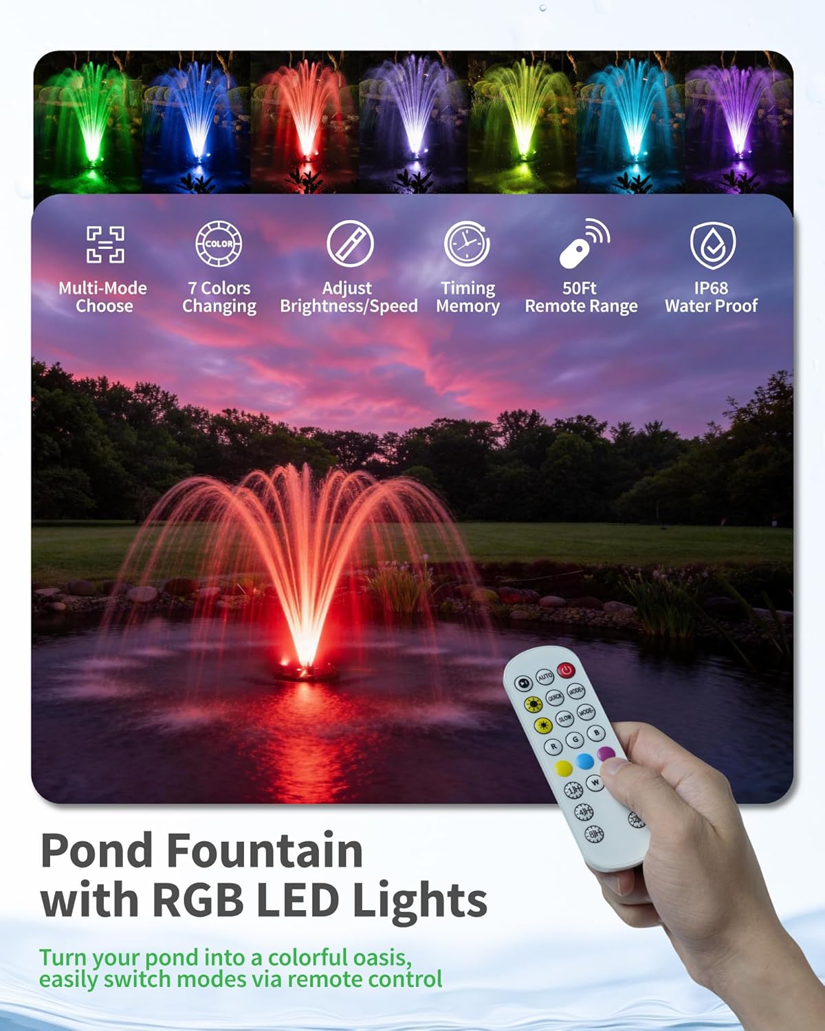 POPOSOAP Floating Pond Fountain With LED Lights, Pond Fountain Aerator Complete Kit with 1600GPH Water Pump 50FT Power Cord, 3 Spray Styles for Ponds, Pool, Lakes & Water Gardens P155