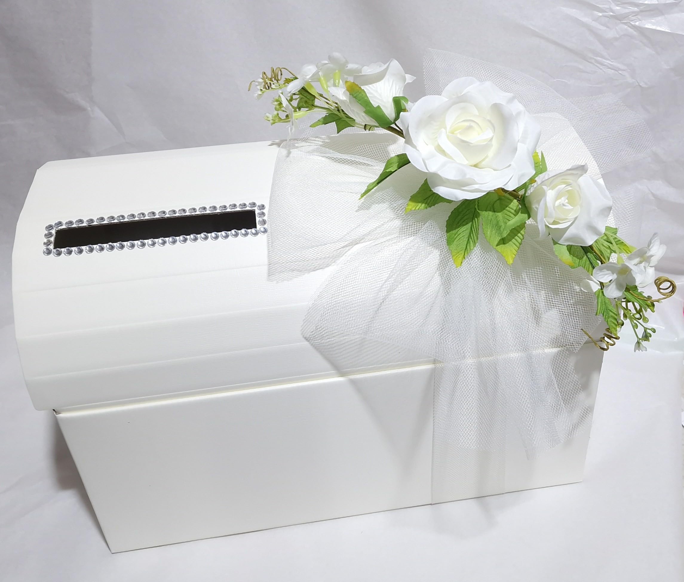1 pz Baule Scatola Porta Buste Matrimonio Nozze Seta Avorio con Foro Strass Tulle e Fiori Bianchi 38x23x25 cm Wedding Box Elegante Porta Auguri Bomboniera Ricevimento Matrimonio 2026