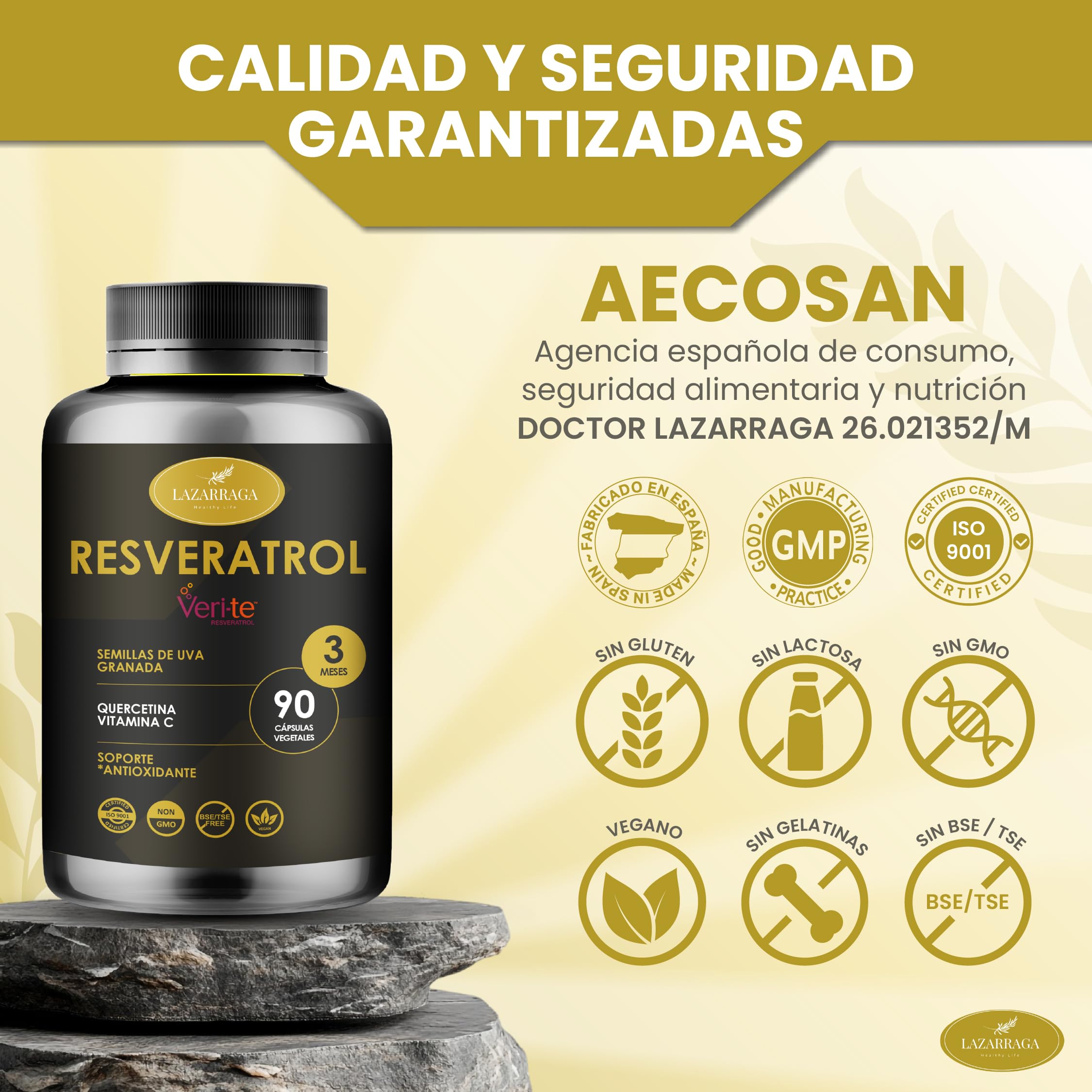 RESVERATROL POTENTE 5 EN 1 | Antioxidante Natural Puro y Antienvejecimiento | Granada + Uva + Quercetina + Vitamina C | Apoyo Cardiovascular y Sistema Inmune | 90 Cápsulas Vegano | 3 Meses | Lazarraga