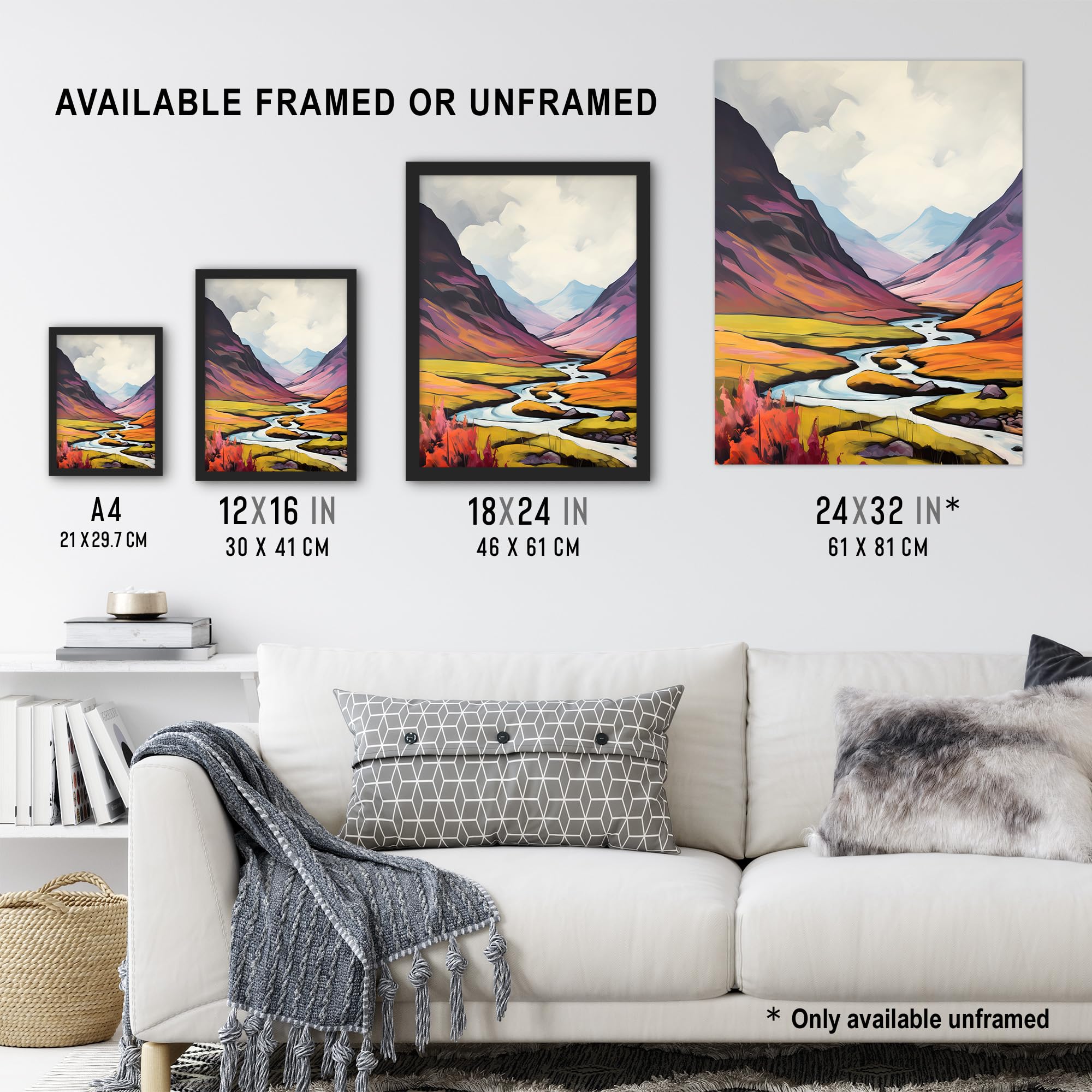 Artery8 Scotland Glencoe Valley Oil Painting Majestic Mountains And River With Heather Shrubs Extra Large XL Wall Art Poster Print - Image 3