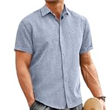 Mens Linen Shirt Classic Button Down Shirt Casual Short Sleeve Blouse Wedding Holiday Summer Tops Lightweight Tee