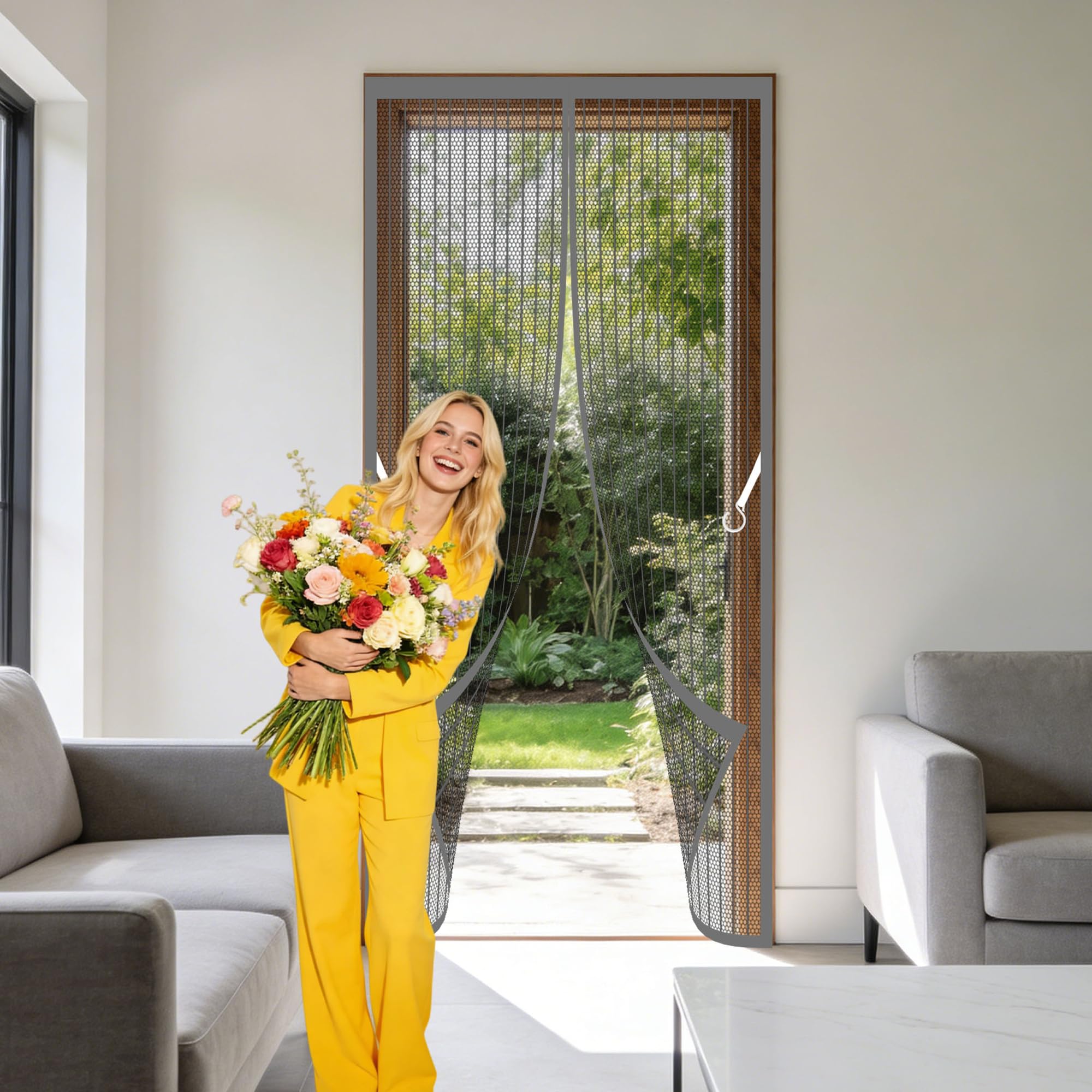 Fly Screen for Doors 121 x 183 cm Hands Free Closing Door Fly Screen Keep Bugs Out Lets Fresh Air for Home, Bedroom, Living Room, Kitchen, Patio, Grey