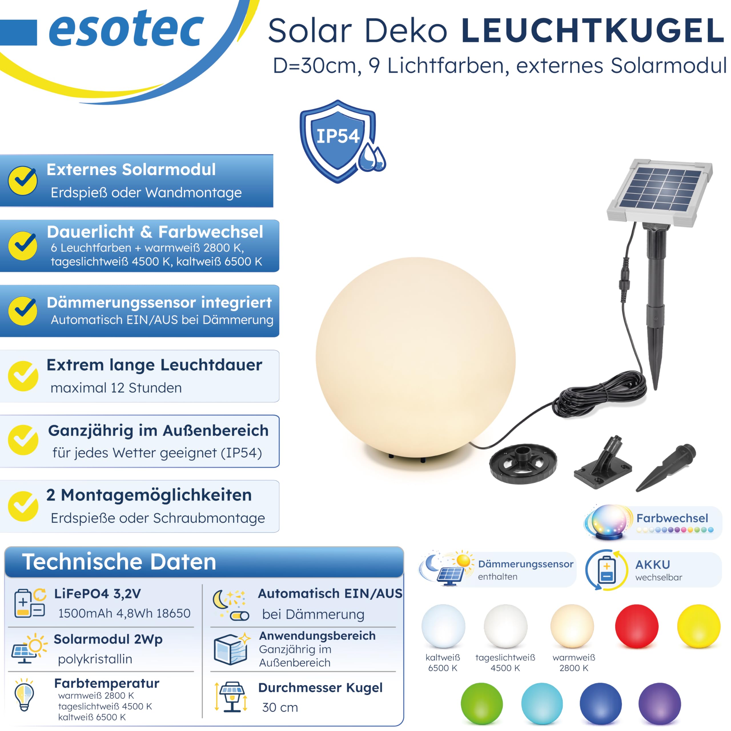 Esotec Solar Leuchtkugel Solarkugel Gartenleuchte Farbwechsel Außen 106110