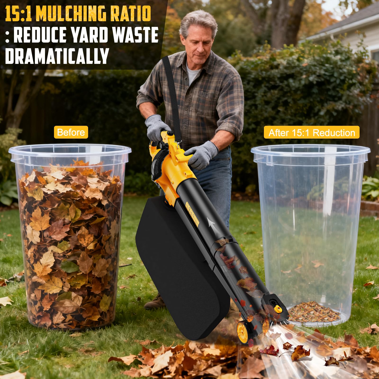 Aspiradora de hojas 3 en 1 inalámbrica con bolsa compatible con batería Dewalt de 20 V, trituradora de hojas eléctrica mejorada y aspiradora de hojas con bolsa de 45 L/12 galones, sopladores de hojas