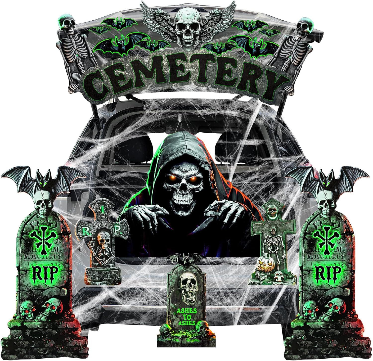 21 Pcs Halloween Trunk or Treat Car Decorations Kit with Grim Reaper Cutout Tombstone Skull Bat Sticker and Spider Web for SUV Car Archway Garage Door Haunted House Party Decoration