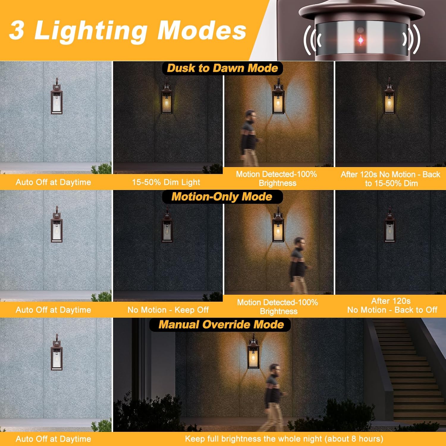 Large Motion Sensor Outdoor Wall Light 20" - Oil Rubbed Bronze Dusk to Dawn Outdoor Lighting, Modern Wall Mount Light Fixture, Brown Porch Light Fixture for Outside House Garage, 3 Modes