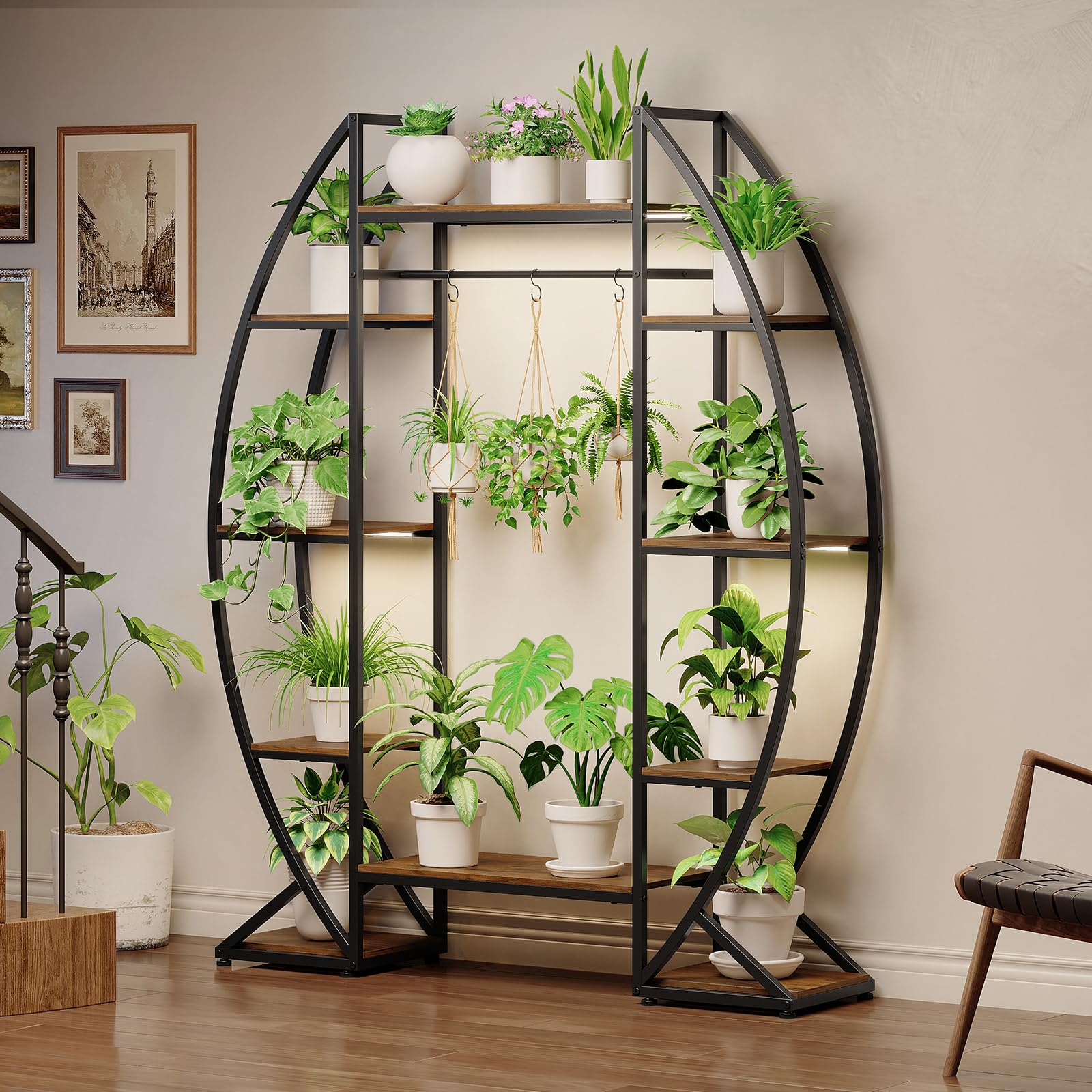 Trironsun Pflanzenständer mit Wachstumslampe 160cm Pflanzenregal aus Holz & Metall, 6 Ebenen Blumentreppe für Innen & Außen, Eckregal für Wohnzimmer, Balkon & Garten