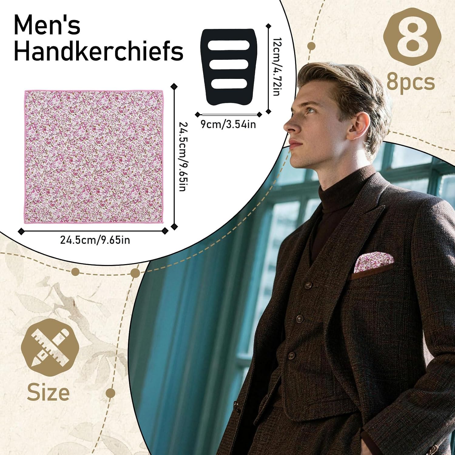 Floral Pocket Squares for Men, Cotton Suit Mens Handkerchiefs with Pocket Square Holder for Wedding Party Daily