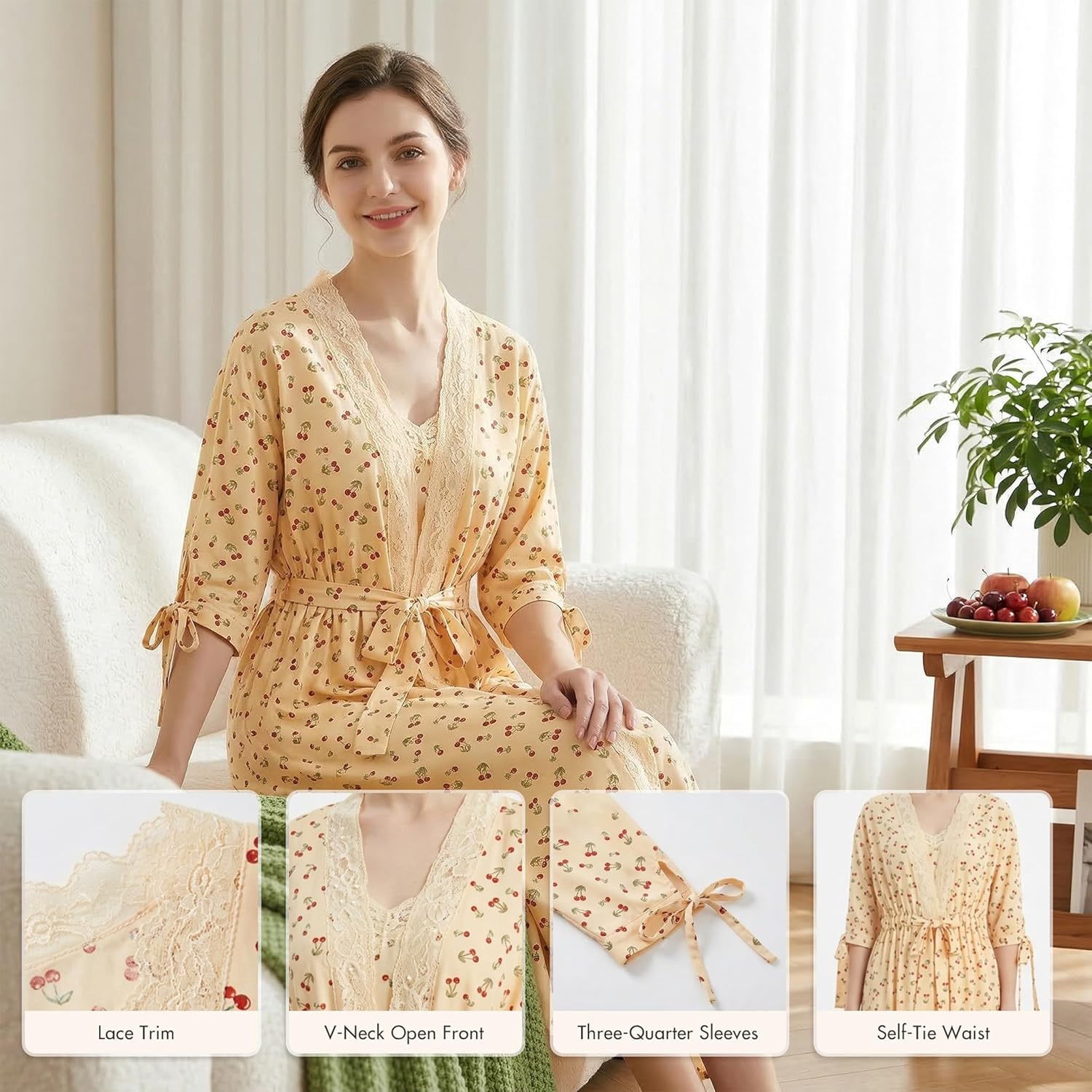 Women Lightweight Long Summer Bathrobe V-Neck Lace Trim Robe Cherry Print 7/8 Sleeve Waist Tie Soft Loungewear