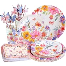 EASY JOY 80Pcs Wildflower Butterfly Party Tableware Sets with Floral Paper Plates, Cups and Napkins for Girls Spring Birthday, Baby Shower, Tea Party Decorations 16 Guests