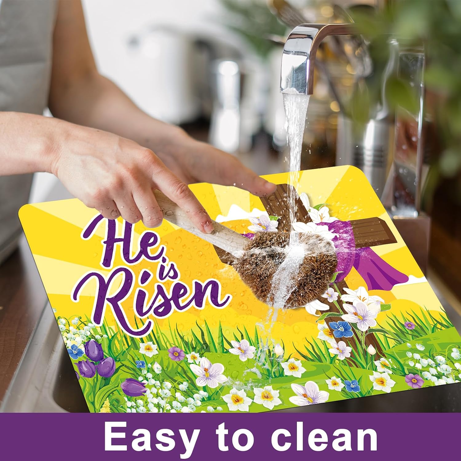 Happy Easter Placemats Set of 6 He is Risen Plastic Table Mats Seasonal Spring Placemats Easter Religious Place Mats Rustic Vintage Table Decoration for Indoor Outdoor Party Kitchen Dining