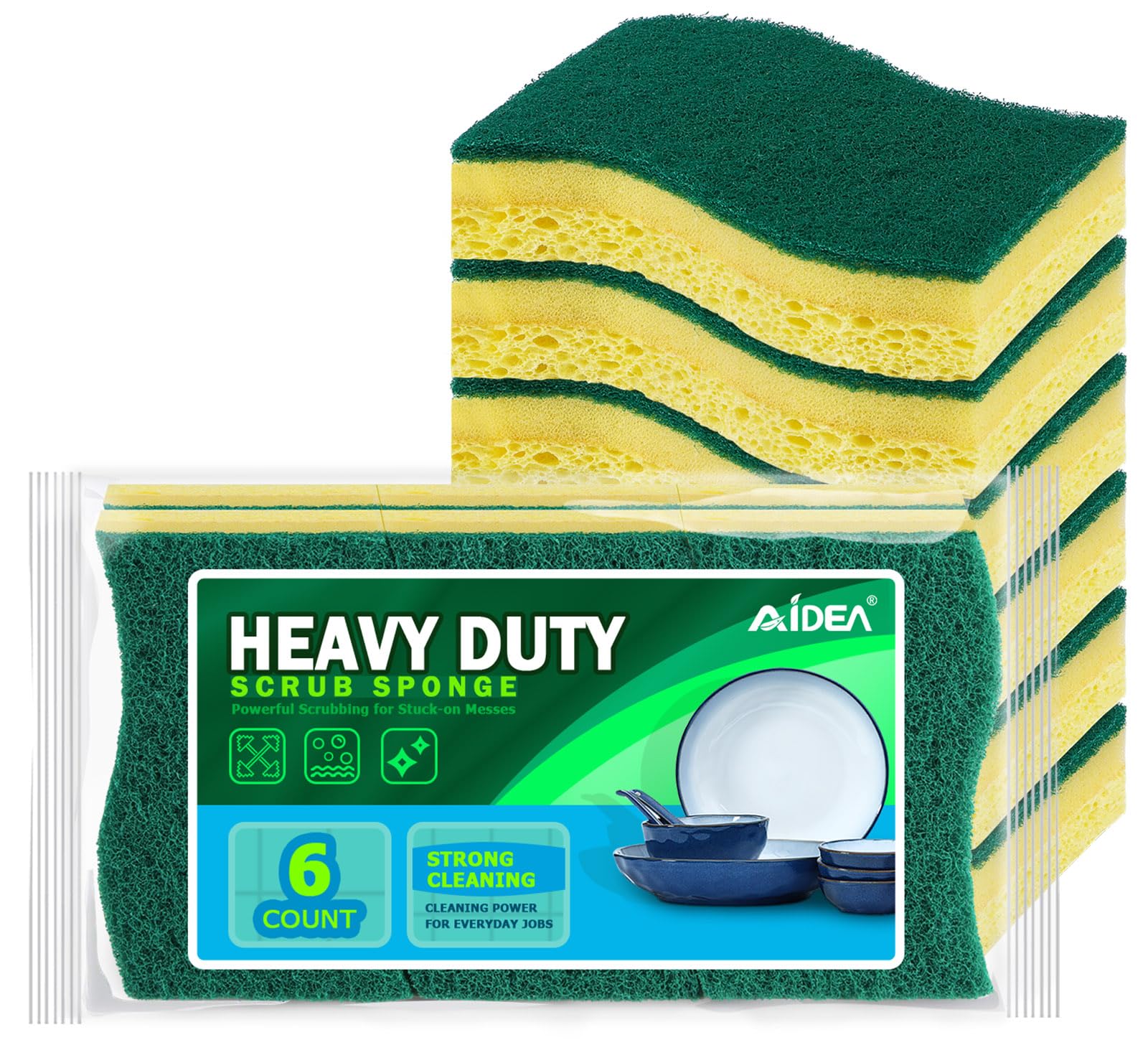 AIDEA Heavy-Duty Scrub Sponge, 6-Count, Non-Coated Cookware Safe, Light-Green | Powerful Cleaning Imported - main product image
