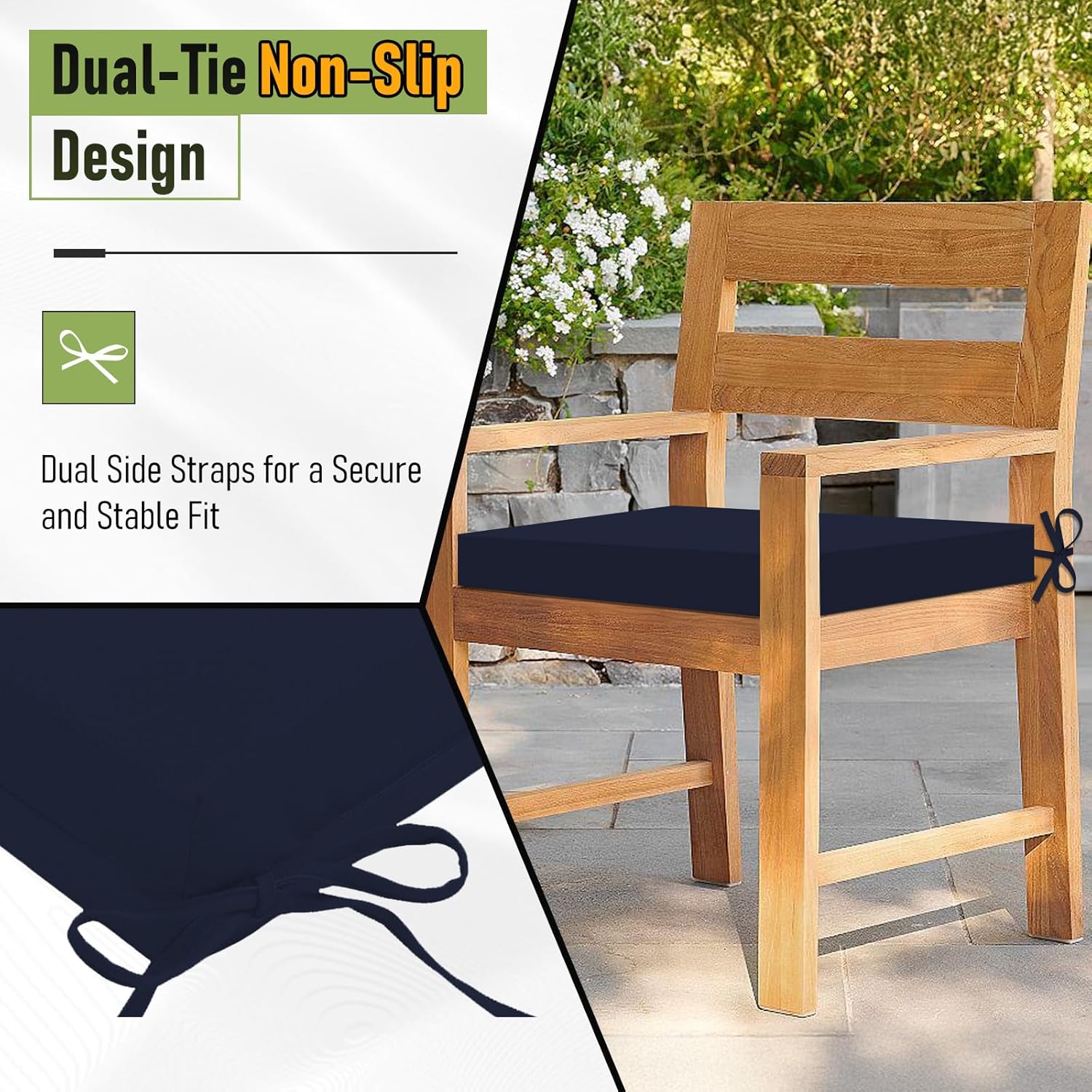 Basic Beyond Outdoor Chair Cushions Set of 6, Square Corner Outdoor Cushions for Patio Furniture, Water Resistant Patio Chair Cushions with 2 Ties, 18.5x16x3, Navy
