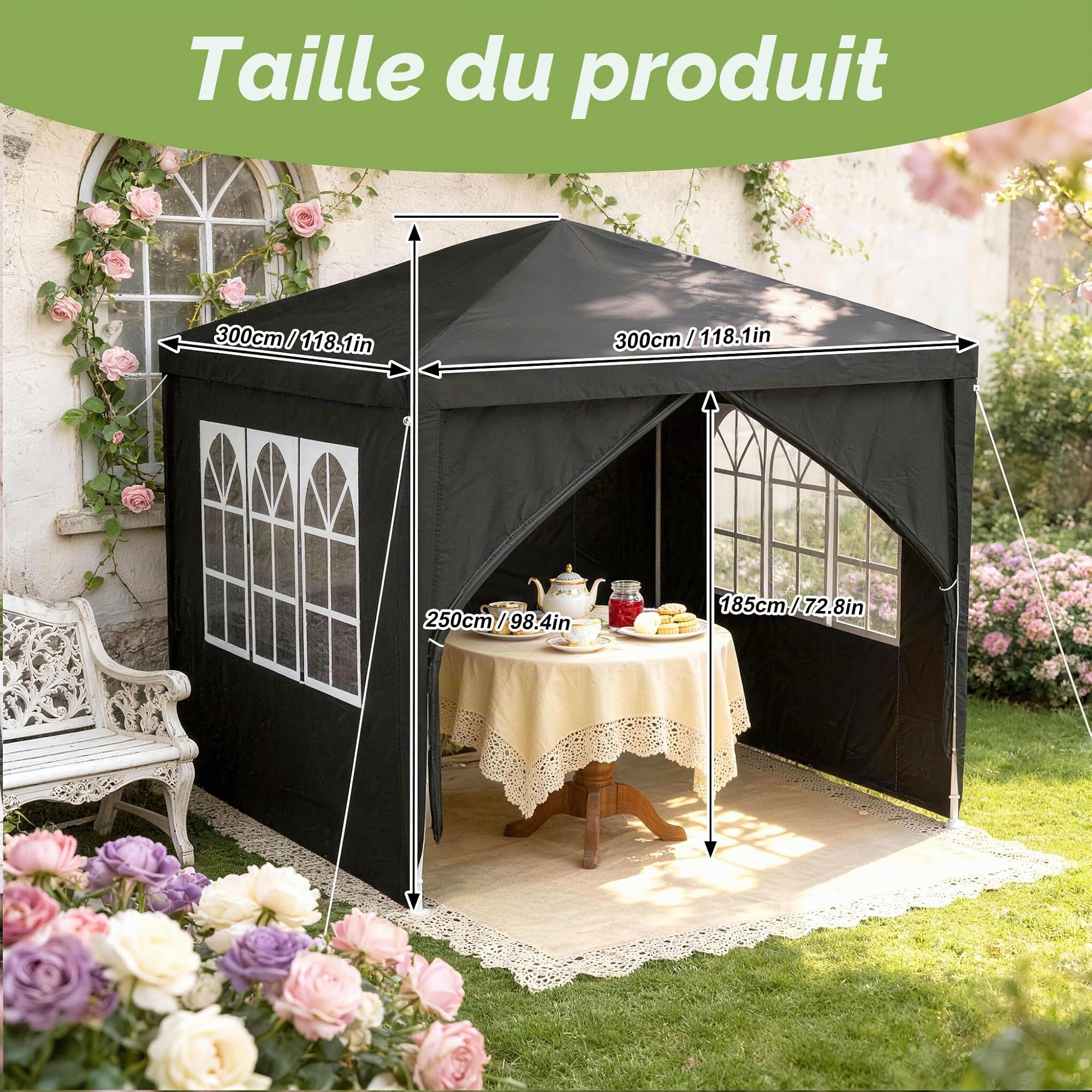 ACXIN Tonnelle de jardin, 3 x 3 m, avec 4 panneaux latéraux, imperméable, structure robuste en acier, protection solaire et résistante aux intempéries, tissu Oxford, tonnelle de jardin ou tonnelle