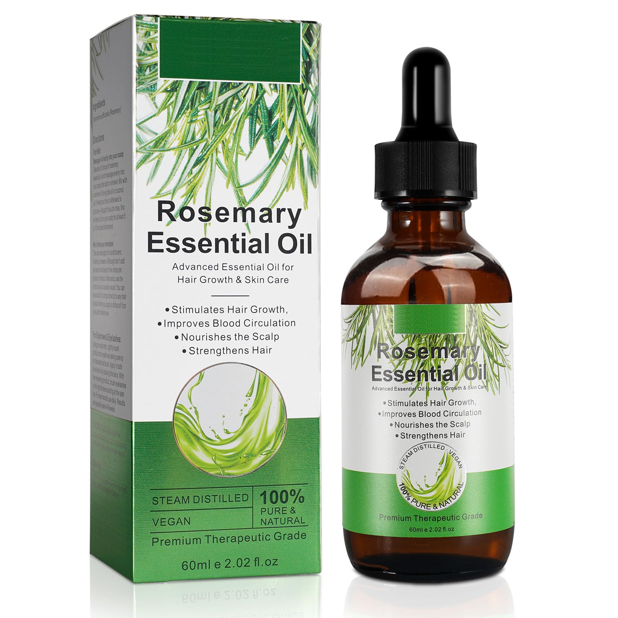Rosemary Oil for Hair Growth 60ml, Pure Essential Oil for Eyelashs, Eyebrows, Face, Skin Care, Body Massage, Aromatherapy, Hair Loss Treatment, Nourishes The Scalp, Improve Blood Circulation