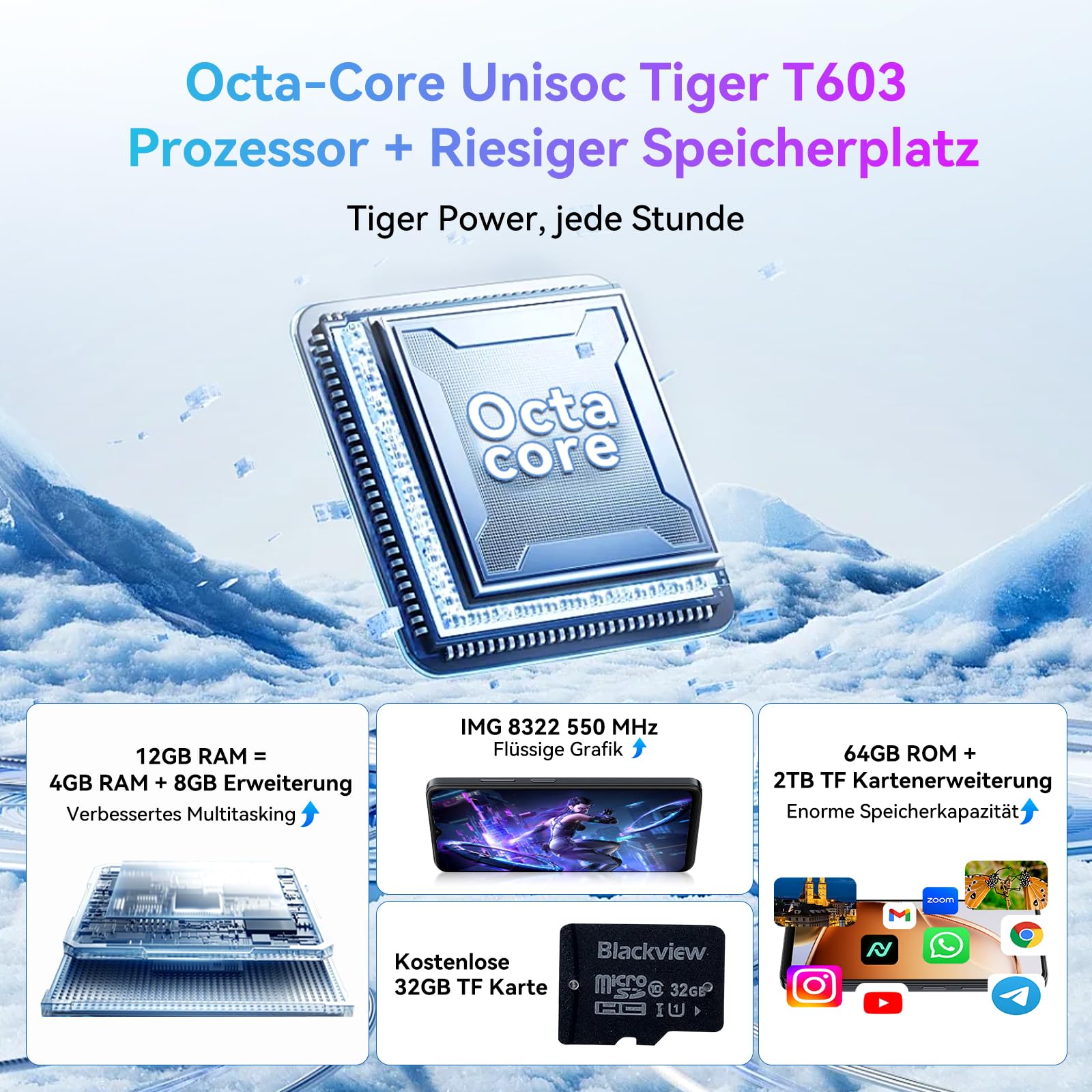 Blackview Wave 9C Handy Ohne Vertrag, 12GB+64GB/2TB TF Handy Günstig, 6.56" Android Smartphone, 13MP KI Kamera Simlockfreie Handys, 5000mAh, 4G Dual SIM/FM/IP54/GPS/3Jahre Garantie/OTG mit 1 TF